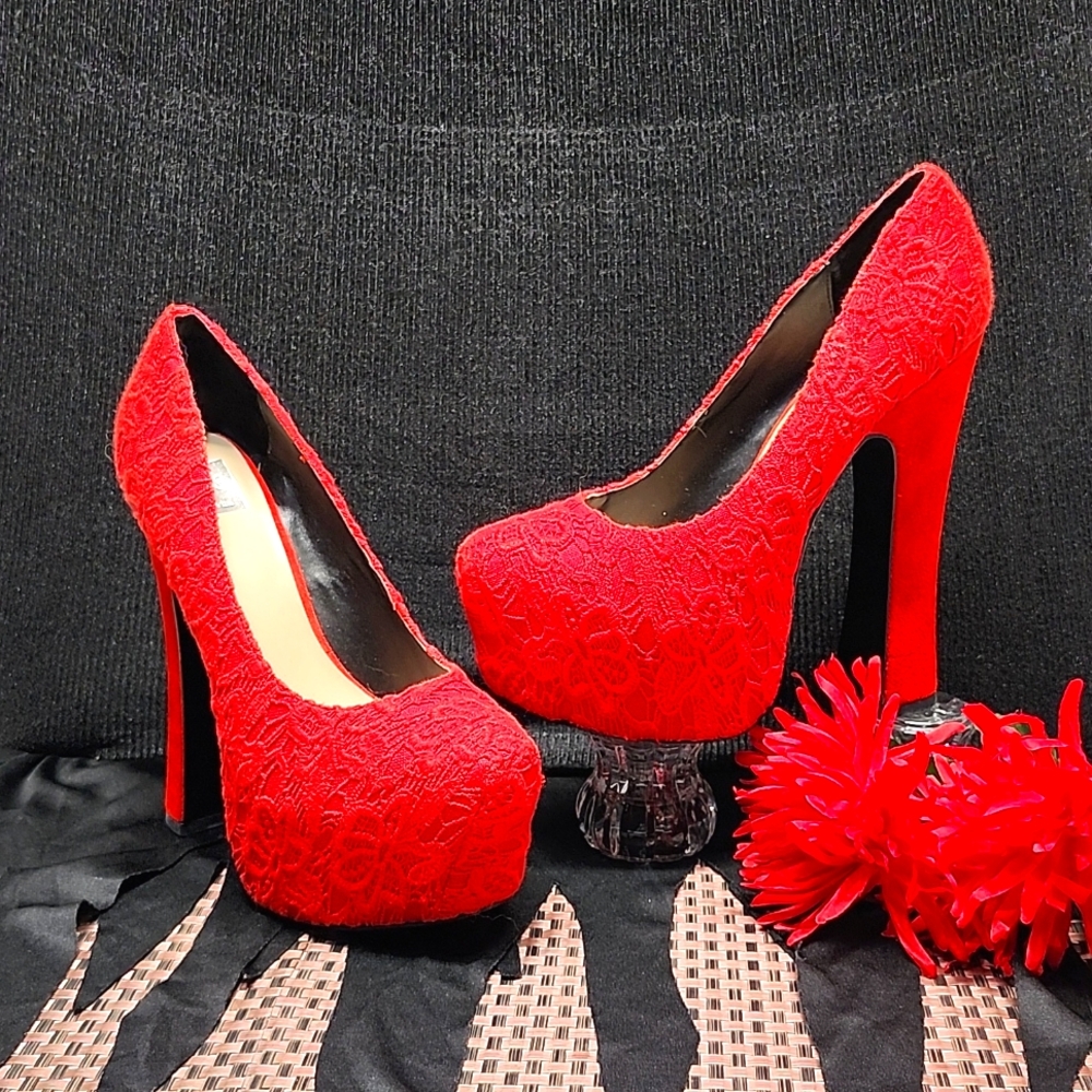 Elegant Red Lace Platform Heels